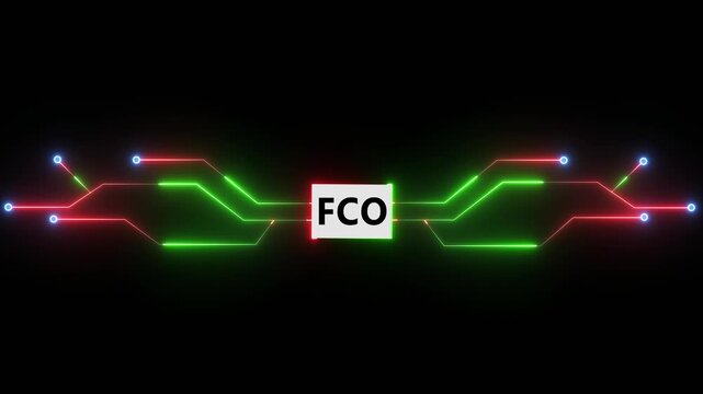 Financial FCO technology interface with glowing circuit lines showing corporate operation system and digital data processing on dark background 4k visuals