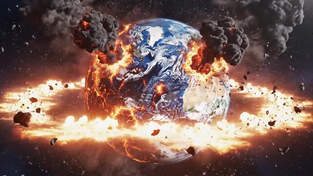 Dramatic depiction of Earth exploding in space with fiery explosions
