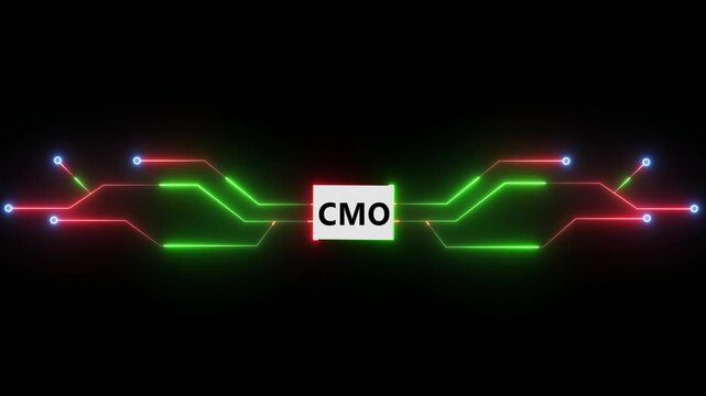 CMO marketing technology interface with glowing circuit lines representing campaign management and digital business strategy system on dark background transparent background 4k visuals