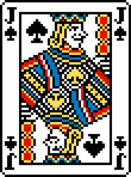 A pixel art playing cards deck design, jack of spades. An original design, each card 55 squares wide by 74 tall. Left Handed 4 corner version