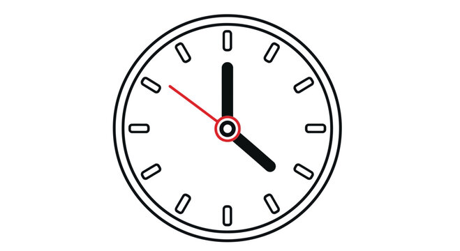 A simple analog clock with black hands and red second hand on showing time