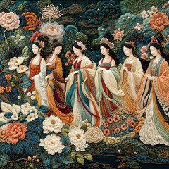 Fototapeta premium Tang Dynasty Beauties in Wool Felted Fiber Art Illustration