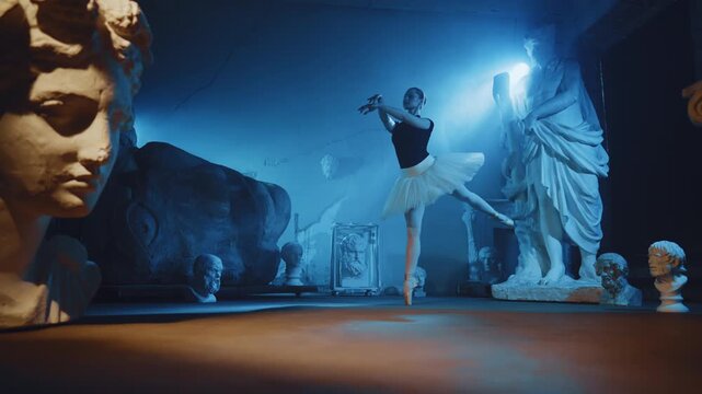 Professional ballerina performing dance in unique rehearsal class in museum. Classical choreography, beautiful woman in tutu and pointe shoes rehearsing alone in dark studio, inspired by classic arts