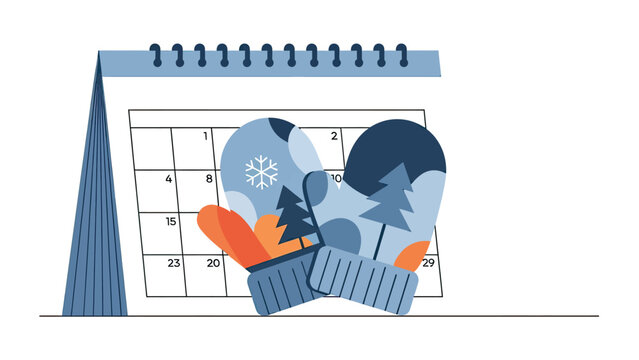 Stylized calendar with winter mittens, snowflake, and pine trees