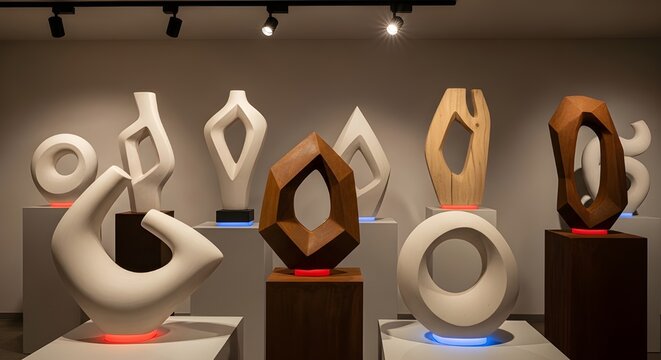 A collection of minimalist white and wooden abstract ceramic sculptures exhibited in a contemporary art gallery. Ideal for design, architecture, art education, and creative marketing projects.
