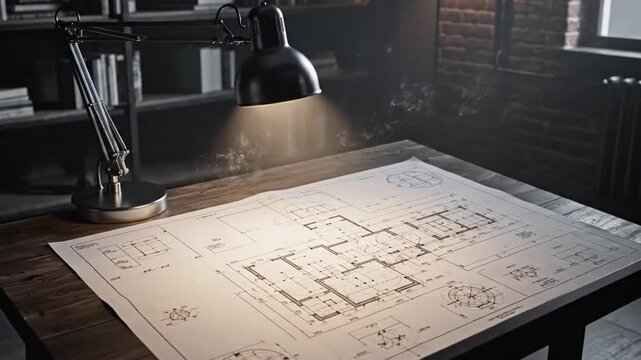 Architectural blueprint on a wooden desk with a desk lamp, creating a vintage workspace.