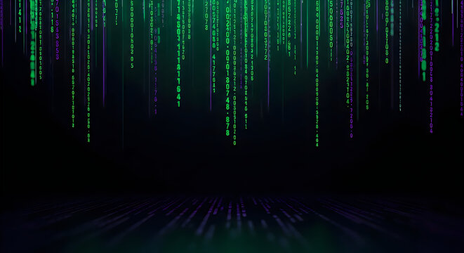 Colorful green and purple code matrix rain on dark background with digital effect