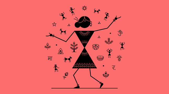 Warli Traditional Indian Folk Art Depicting a Central Woman Dancing People and Symbolic Nature