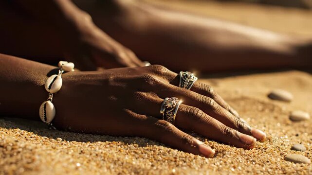 Close up of dark skin woman's hand with bracelet and rings laying on sand at the beach, vacation vibes.