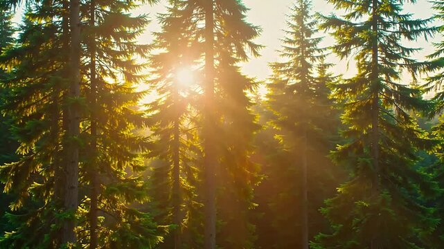Sunlight filtering through tall pine trees representing Generative AI and Creative Energy