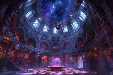 Obraz premium Magic library observatory with star dome and crystal orb, fantasy wizard interior