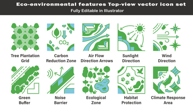 Environmental planning symbols vector set, top view eco analysis icons, wind airflow sunlight directions, climate response, green buffers, sustainable architectural CAD layout