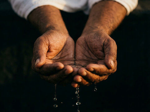 
Close-Up of Weathered Male Hands Cupping Clear Water with Droplets Falling Through Fingers Against Dark Background &mdash; Hajj Pilgrimage, Prayer, Zamzam Water and Spiritual Purification Concept
