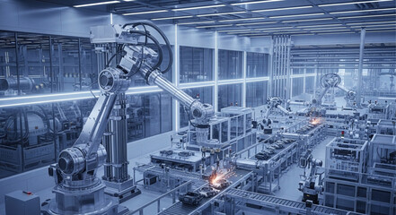 Fototapeta premium Automated Robotic Arm Working in Modern Factory Production Line.