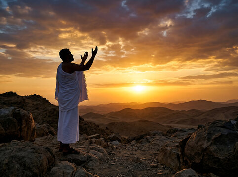 Silhouette of Muslim Man in White Ihram Garment on Rocky Terrain with Arms Extended Upward Toward Vibrant Golden Sunset &mdash; Hajj Pilgrimage, Arafat, Eid ul Adha Worship Concept