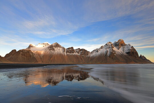 (Vestrahorn Mountain) Stokksnes with a dramatic mountainscape and black sands beach in Stokksnesvegur Iceland
