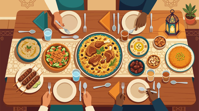 An inviting Flat Design vector illustration showcasing a festive Eid al-Adha dinner table filled with traditional dishes and decorations. This modern graphic emphasizes the joy of sharing and communal