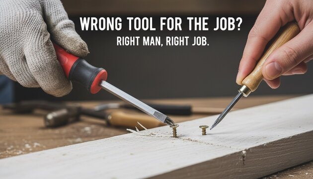 Close-up of a worker trying to use the wrong tool. The image includes a wood board, screwdriver, and a tool in the process of being used. 