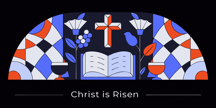 A stained glass depiction of christian religious symbols and easter message
