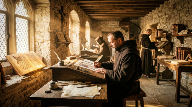 Medieval monk scribing illuminated manuscript in ancient stone scriptorium