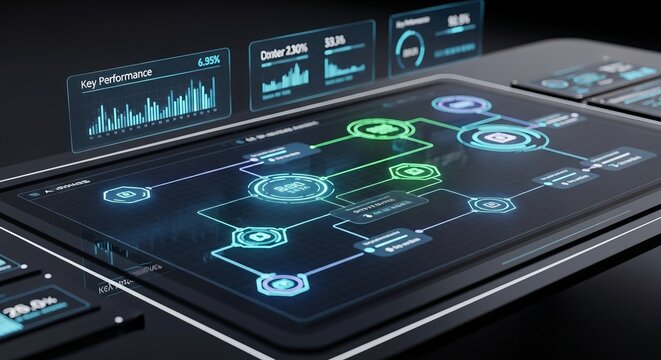 Digital tablet interface displaying complex data visualization and network workflow charts