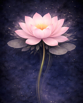 Glowing Pink Lotus Flower on Dark Blue Background with Sparkling Light, Spiritual Healing and Protection Concept