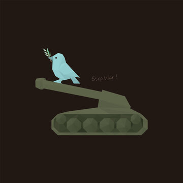 Peace dove carrying olive branch on military tank polygon shapes isolated on brown square background