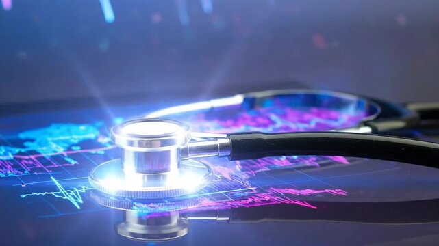 A stethoscope rests on a reflective surface, with a blurred world map in the background, symbolizing healthcare.