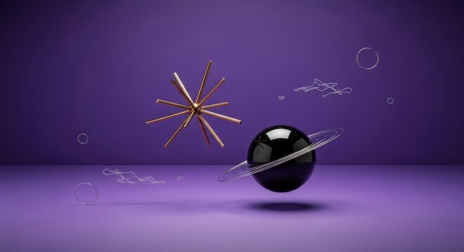 Minimalist Bronze Star and Matte Black Ceramic Black Hole on Royal Purple &ndash; Conceptual Astrophysics, Cosmic Luxury, and Gravitational Physics Still Life