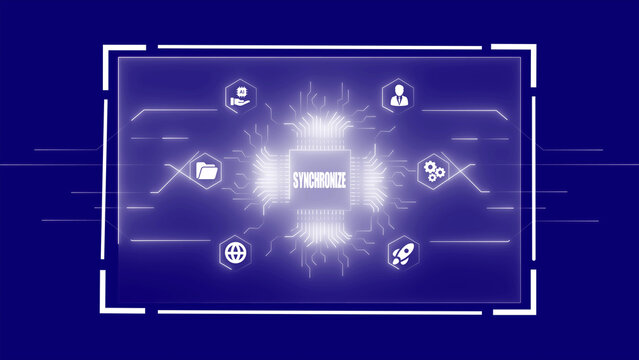White glowing digital interface on a dark blue background, featuring a central processor chip with the word SYNCHRONIZE and surrounding for business and technology