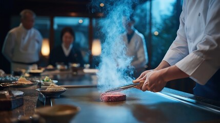 Fototapeta premium Chef masterfully grilling premium wagyu beef steak on a teppanyaki hot plate in an upscale japanese restaurant