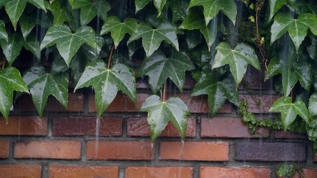 red brick wall with green ivy leaves growing on it