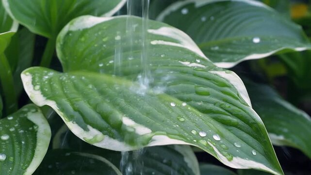 hosta plant leaves with water droplets being watered