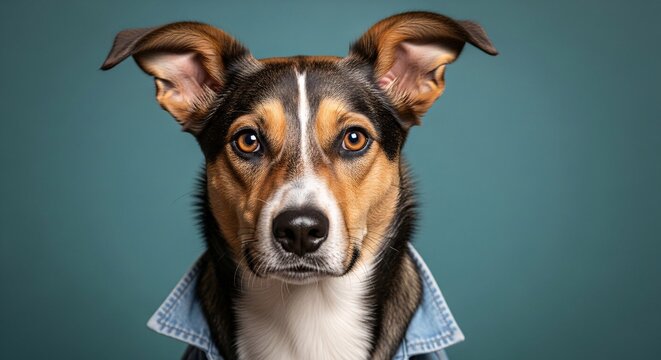 Adorable dog with expressive eyes and large ears wearing a blue collar looking directly at the camera against a solid teal background perfect for pet care and animal adoption themes