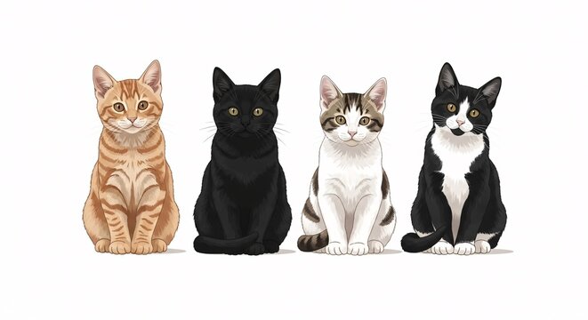 Collection of Four Cute Cats Sitting in a Row Featuring Orange Tabby Black White and Gray Cats in a Cozy Indoor Setting for Cat Lovers and Pet Enthusiasts