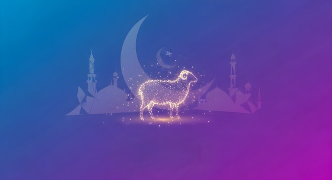 Futuristic Eid al-Adha Poster with Abstract Crescent and Light Sheep