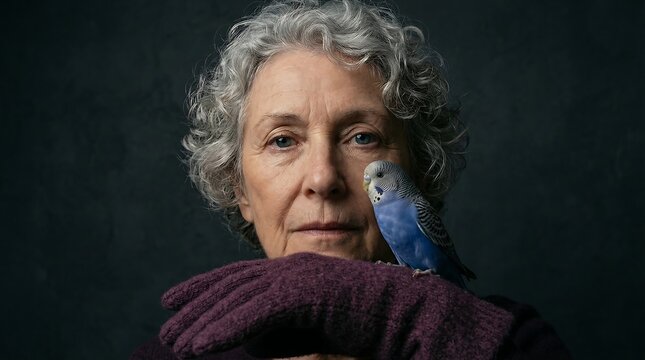 Senior woman with grey hair and blue budgie parakeet bird