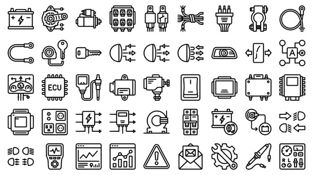 Automotive electrical system icons set car battery starter circuits dashboard