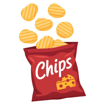 Potato Chips in Red Bag with Cheese Flavor Vector Illustration. Cheese Flavored Crisps in Open Red Snack Pack Isolated on White. Savory Cheese Snack Bag Vector for Food Menu and Advertising. 