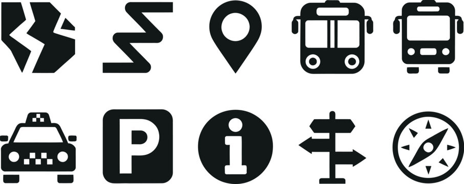 Map and Navigation Silhouette Icon Set, Wayfinding and Direction Graphics Collection for GPS, Location, Route Planning, Travel Maps and Mobile App Interface Design, Vector Illustration