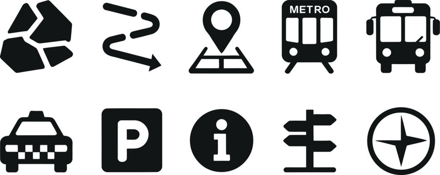 Map and Navigation Silhouette Icon Set, Wayfinding and Direction Graphics Collection for GPS, Location, Route Planning, Travel Maps and Mobile App Interface Design, Vector Illustration