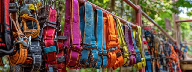 Fototapeta premium Harnesses hanging on a rack at an outdoor adventure park for visitors to use during climbing activities