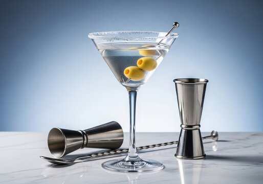 Classic martini cocktail with olives and bar tools on marble surface