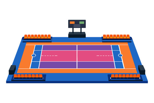 Colorful kabaddi court with spectator seating and scoreboard illustration