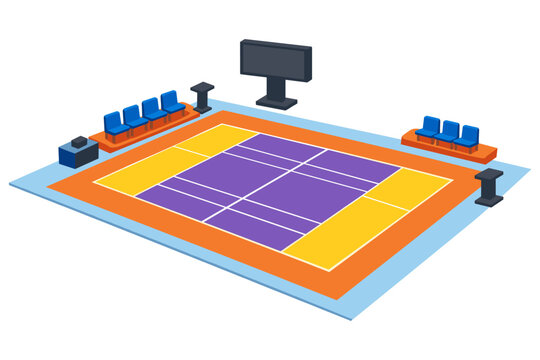 Isometric view of a kabaddi court with seating and a scoreboard