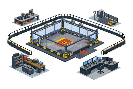 Isometric view of a futuristic robot combat arena with control room and workshop