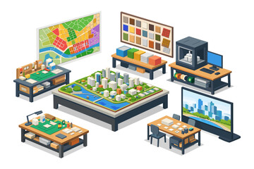Fototapeta premium Architectural design studio with city models, maps, and 3D printer