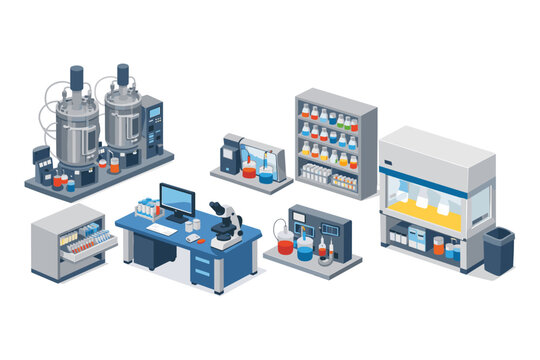 Modern laboratory equipment and scientific research instruments in isometric view