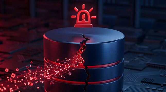 Cracked database cylinder with red alert symbol emits binary code