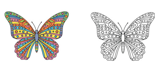 Fototapeta premium Colorful Patterned Butterfly Coloring Page for Kids and Adults, Intricate Butterfly Wings Illustration with Black and White Line Art Vector Set for Education and Creative Fun Activity